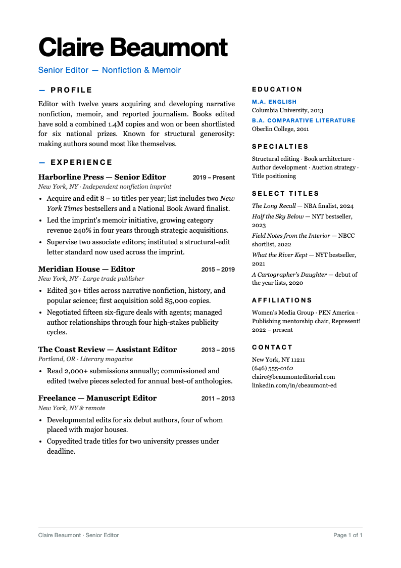 Pure typographic resume - A type-driven Resume template with a giant sans-serif nameplate and Georgia serif body, built for editors and writers who live by the word alone.